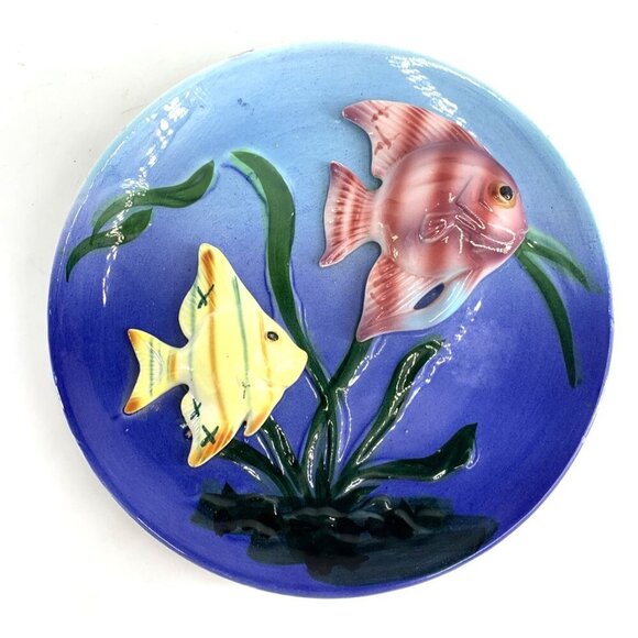 Napco Ceramic Sunfish Plate 8" 3D Japan Art Relief 2 Fish Decorative - Picture 1 of 9